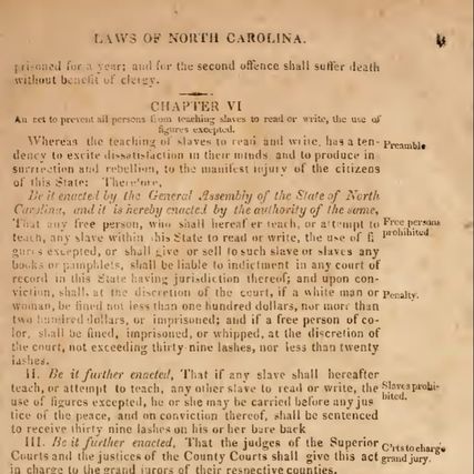 North Carolina Law Prohibiting the Education of Slaves